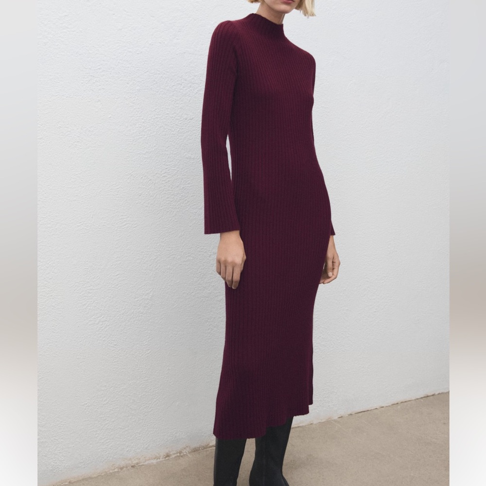 Mango Burgundy Long Sleeve Dress